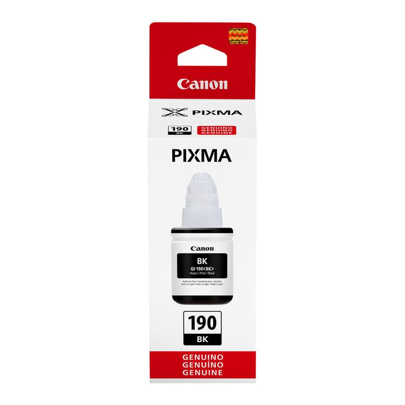 Botella tinta Canon GI190 negro rinde 7000 páginas frontal empaque