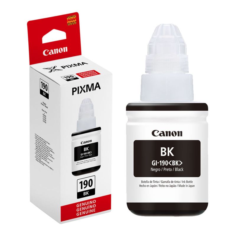 Botella tinta Canon GI190 negro rinde 7000 páginas frontal empaque producto