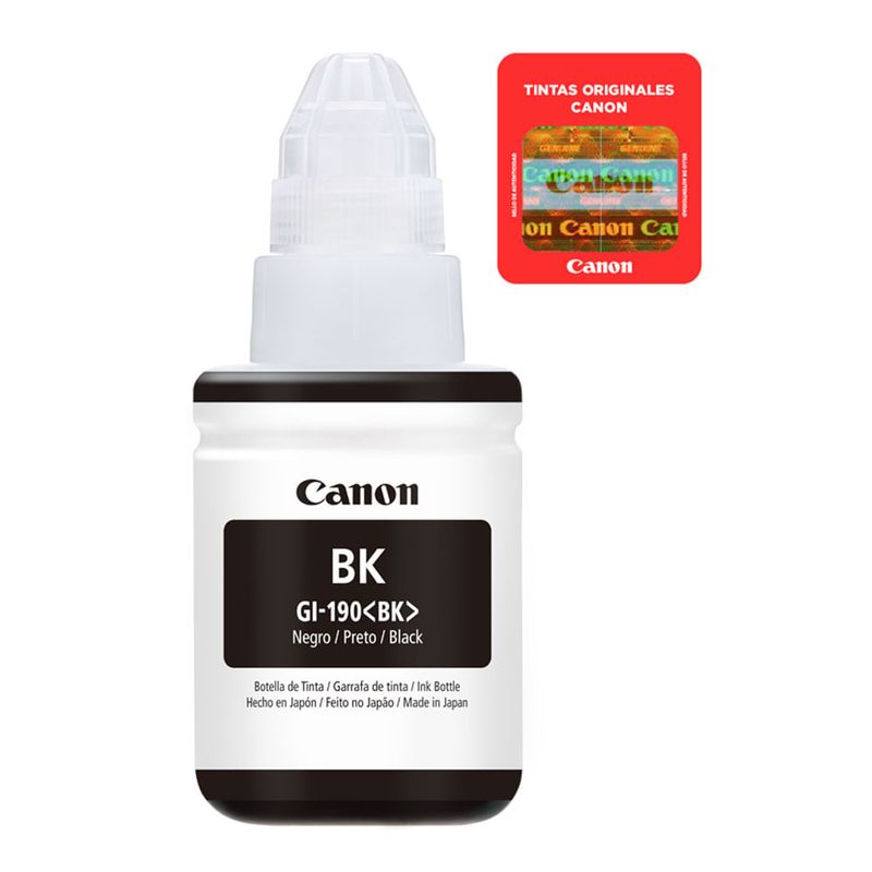 Botella tinta Canon GI190 negro rinde 7000 páginas frontal producto