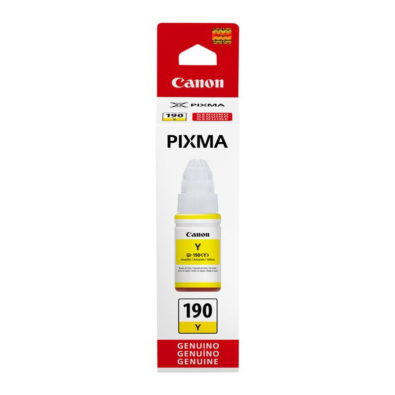 Botella tinta Canon GI190 amarilla rinde 7000 páginas frontal empaque