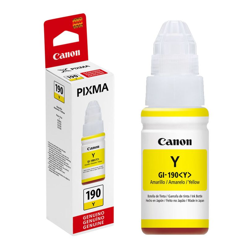 Botella tinta Canon GI190 amarilla rinde 7000 páginas frontal empaque producto