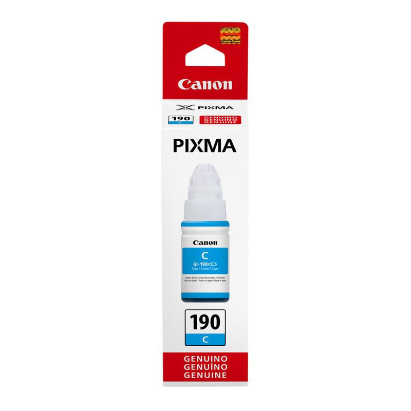 Botella tinta Canon GI190 cyan rinde 7000 páginas frontal empaque