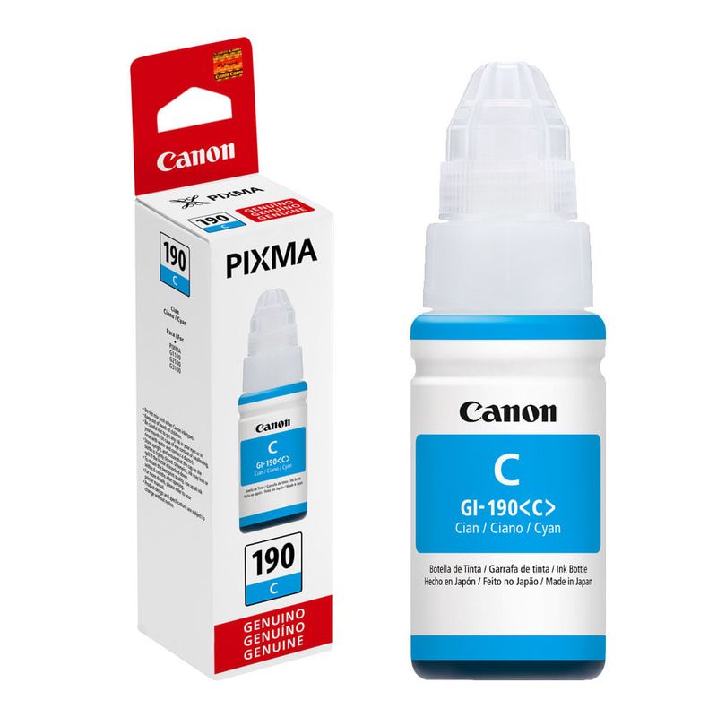 Botella tinta Canon GI190 cyan rinde 7000 páginas frontal empaque producto