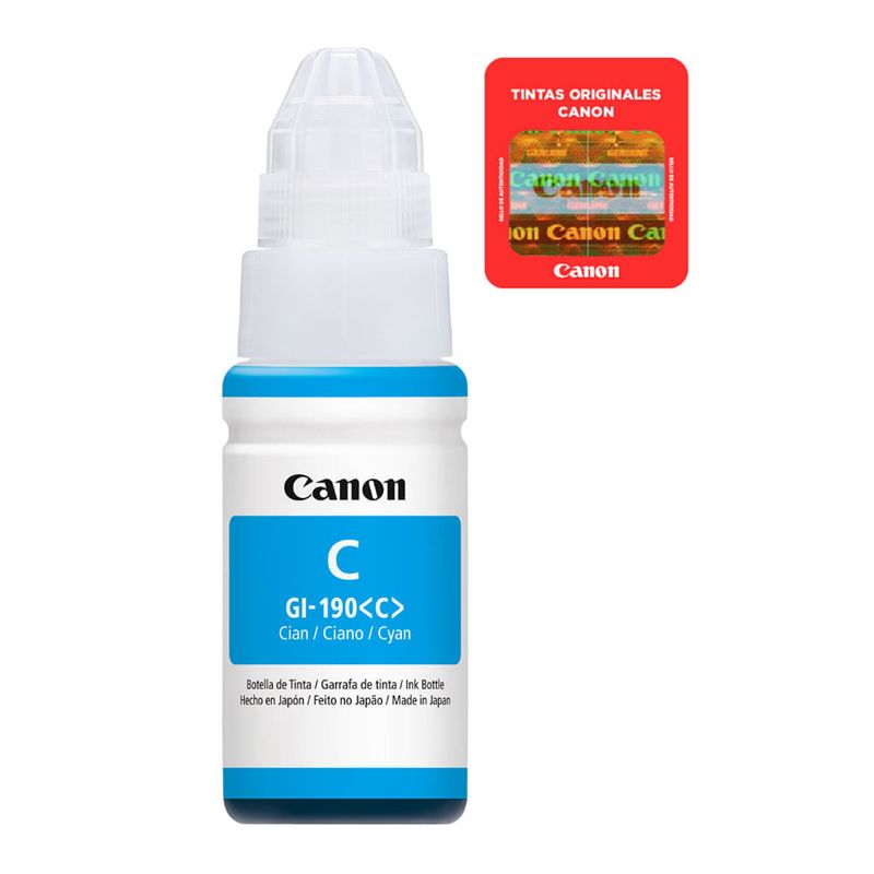 Botella tinta Canon GI190 cyan rinde 7000 páginas frontal producto