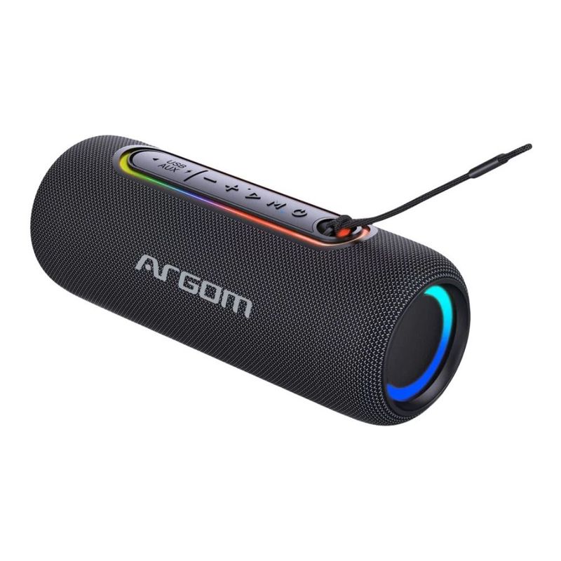 Parlante bluetooth ArgomTech RADYON X30 Beats ARG-SP-3121BK resistencia al agua hasta 8 horas de reproducción negro vista lateral oblicua