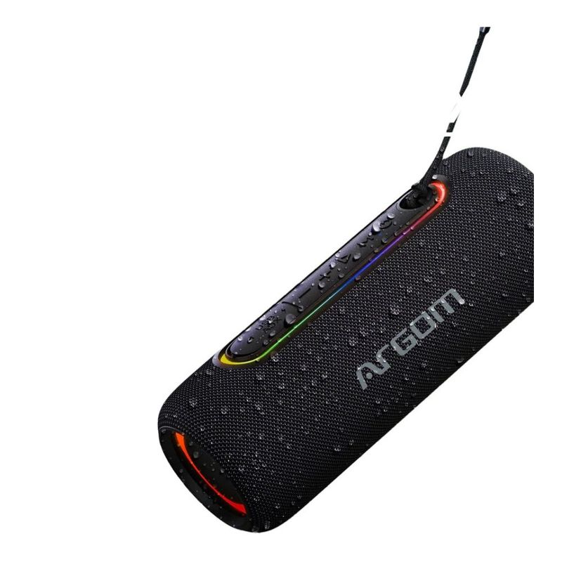 Parlante bluetooth ArgomTech RADYON X30 Beats ARG-SP-3121BK resistencia al agua hasta 8 horas de reproducción negro vista lateral oblicua
