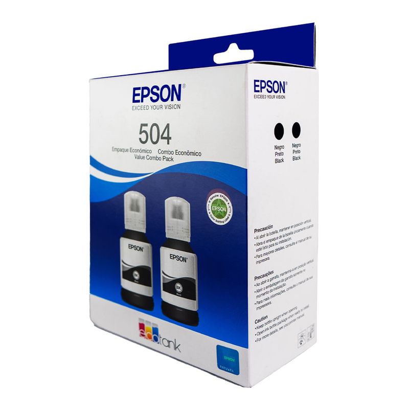 Pack de 2 botellas de tinta Epson T504 negro, 15,000 páginas diagonal