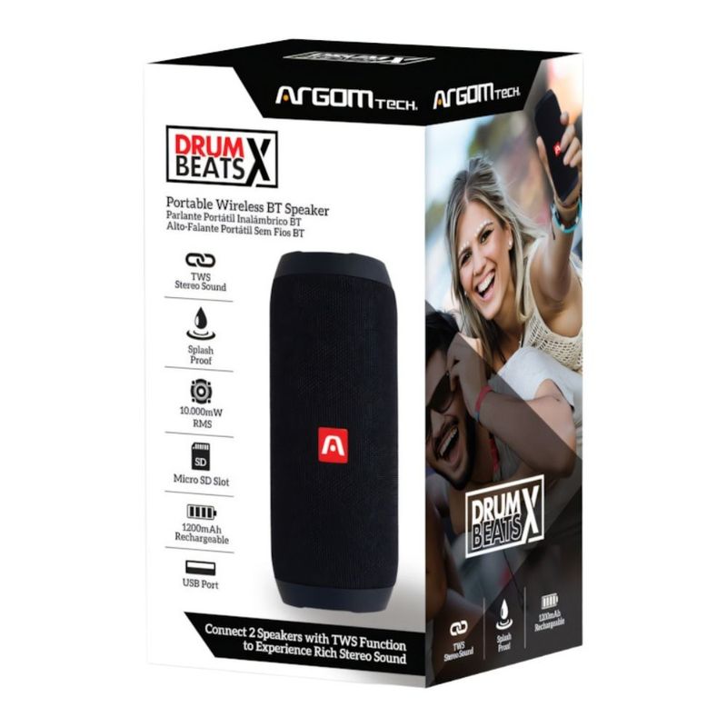 Parlante bluetooth ArgomTech DrumBeats X 10W hasta 5 horas de reproducción negro vista de empaque