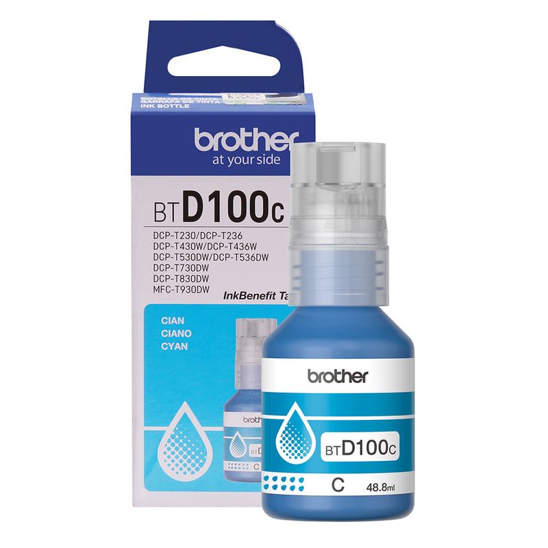 Tinta Brother BTD100C cian 48.8ml 5000 páginas frontal empaque tinta