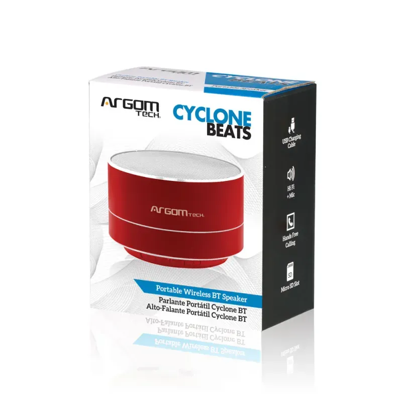 Parlante bluetooth ArgomTech Cyclone hasta 8 horas de reproducción rojo vista de empaque