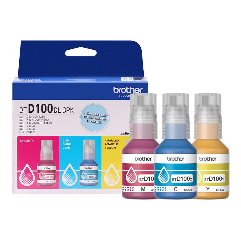 Pack tintas Brother BTD100CL3PK 3 colores 5000 páginas frontal empaque tintas
