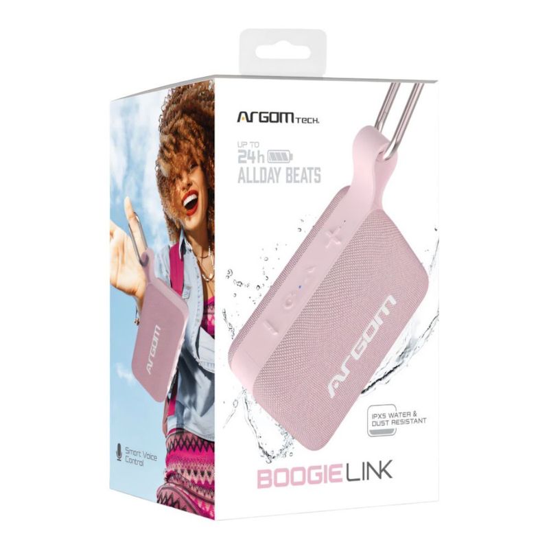 Parlante bluetooth ArgomTech BoogieLink hasta 24 horas de reproducción resistencia al agua IPX5 rosado vista de empaque