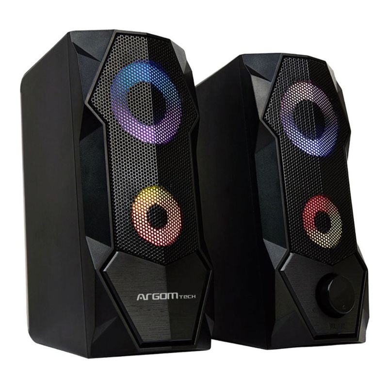 Parlante gamer para pc ArgomTech Combat SP68 sonido estéreo luces LED negro vista frontal oblicua
