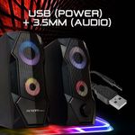 Parlante gamer para pc ArgomTech Combat SP68 sonido estéreo luces LED negro vista información de conector USB y 3.5mm