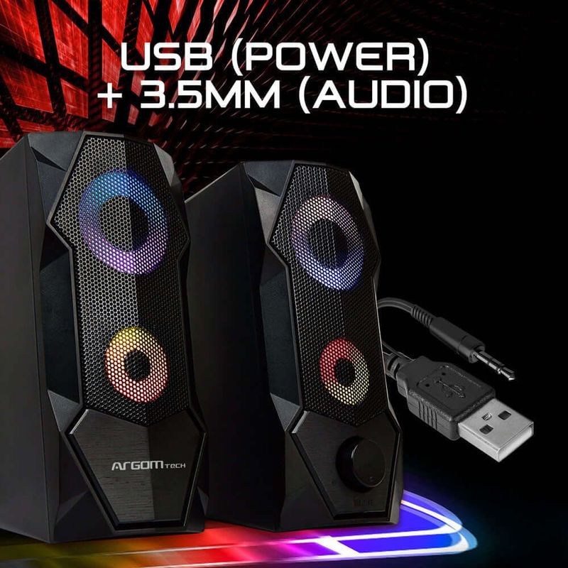Parlante gamer para pc ArgomTech Combat SP68 sonido estéreo luces LED negro vista información de conector USB y 3.5mm