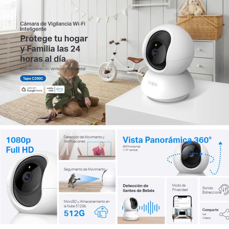 Cámara seguridad TP-Link Tapo C200C en uso monitoreo hogar color blanco