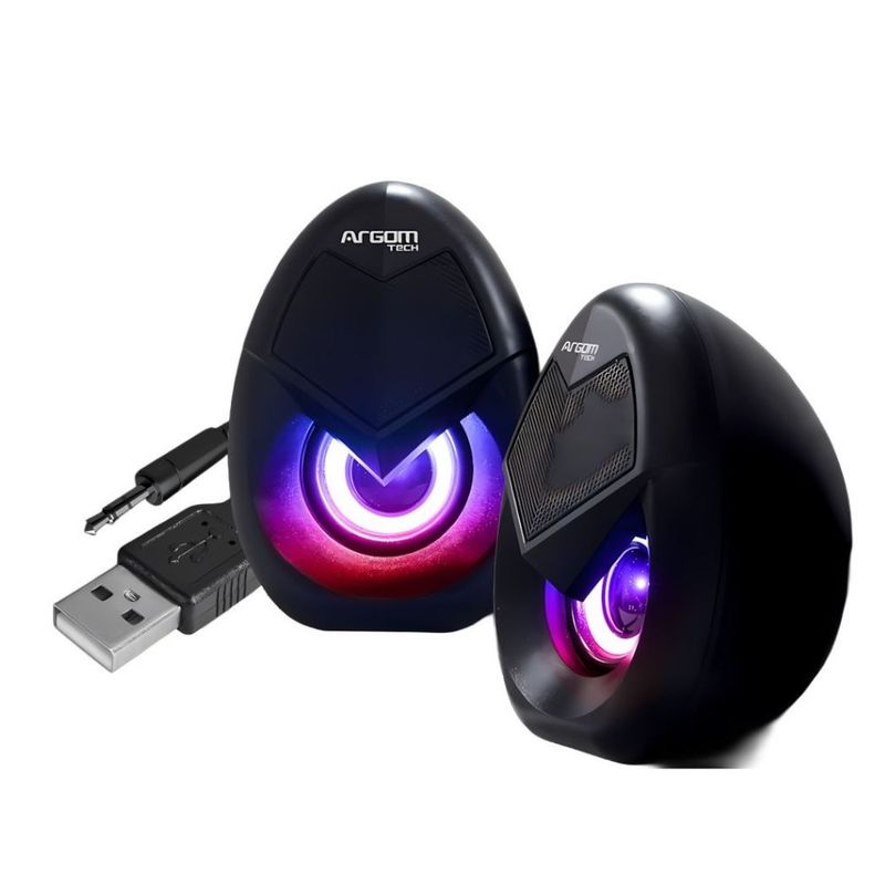 Parlante gamer ArgomTech Combat SPL62 estér 5W estéreo iluminación LED vista frontal y lateral oblicua con conecto USB