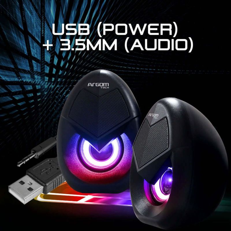 Parlante gamer ArgomTech Combat SPL62 estér 5W estéreo iluminación LED vista información conector USB + 3.5mm