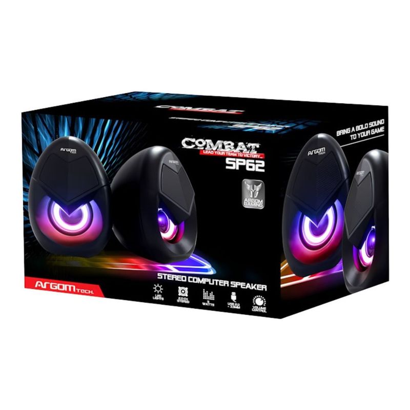 Parlante gamer ArgomTech Combat SPL62 estér 5W estéreo iluminación LED vista frontal oblicua de empaque