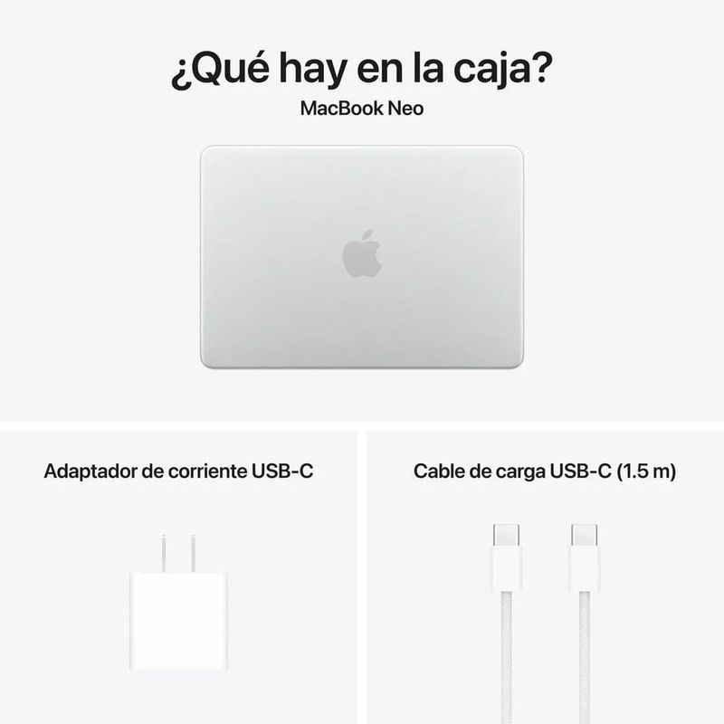 MacBook Neo Apple 256GB SSD diseño aluminio ligero color silver vista caja
