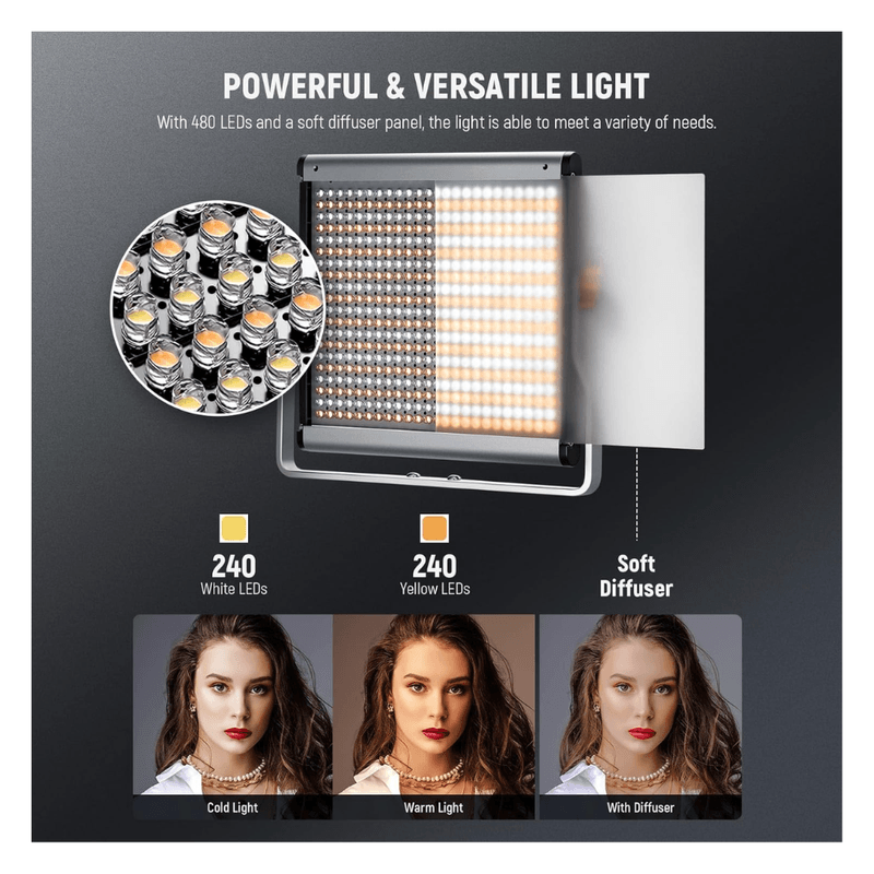 Kit iluminación Neewer NL480 en uso fotografía y video estudio color negro