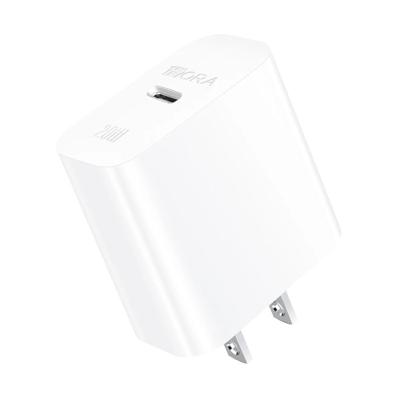 Cargador 1Hora USB-C 20W carga rápida seguro blanco diagonal