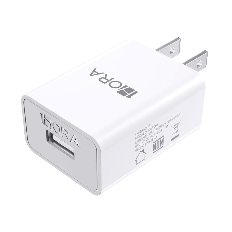 Cargador 1Hora 10W 5V 2A USB blanco carga segura FRONTAL