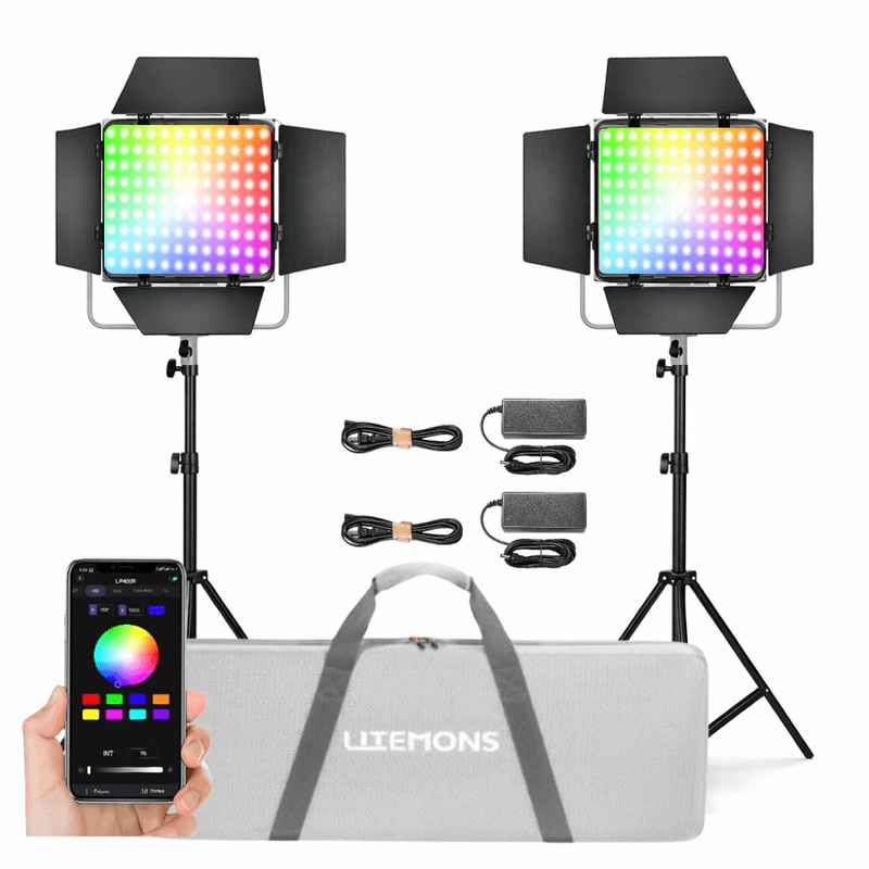 Kit de iluminación Godox modelo LP400R RGB 2 paneles LED con barndoors color negro vista frontal