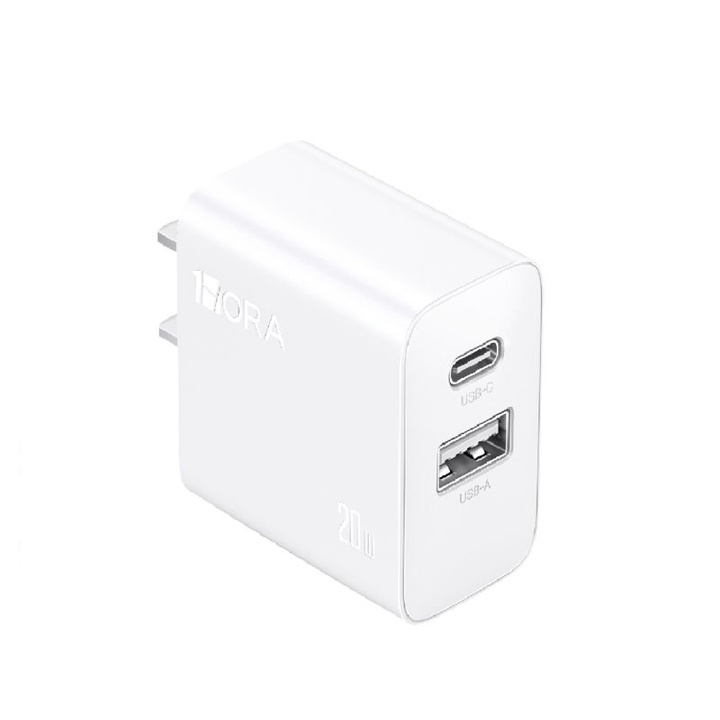 Cargador 1Hora 20W USB + USB-C carga rápida blanco frontal diagonal