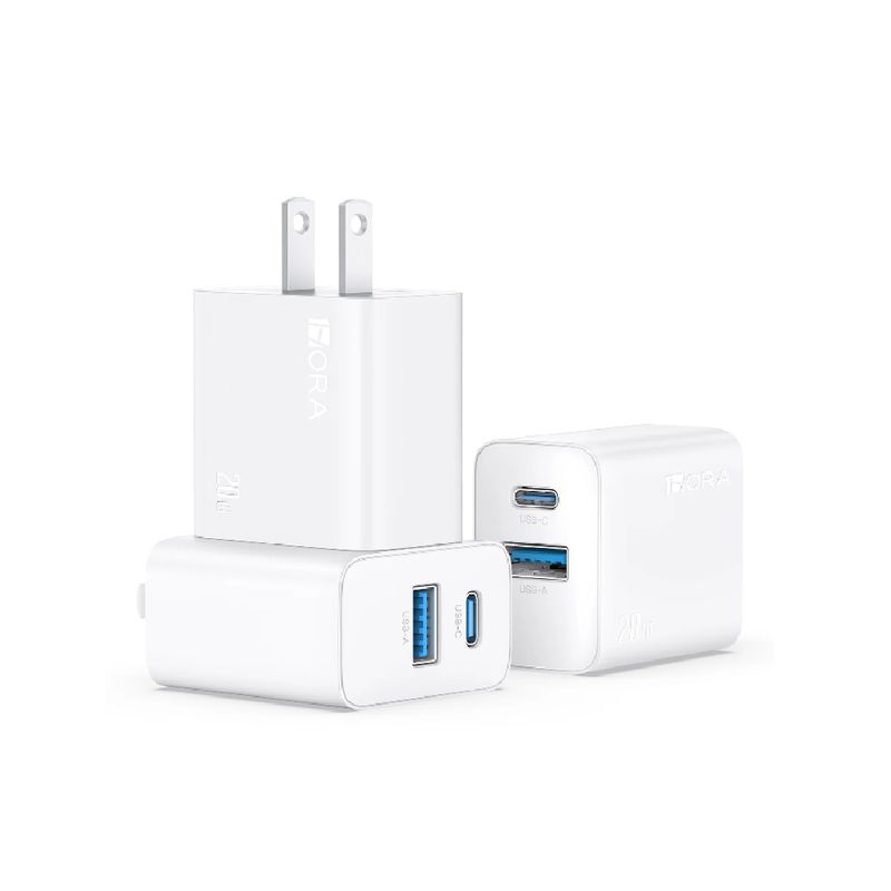 Cargador 1Hora 20W USB + USB-C carga rápida blanco frontal oblicuo detalle
