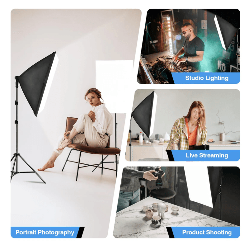 Kit iluminación softbox en uso fotografía estudio color negro