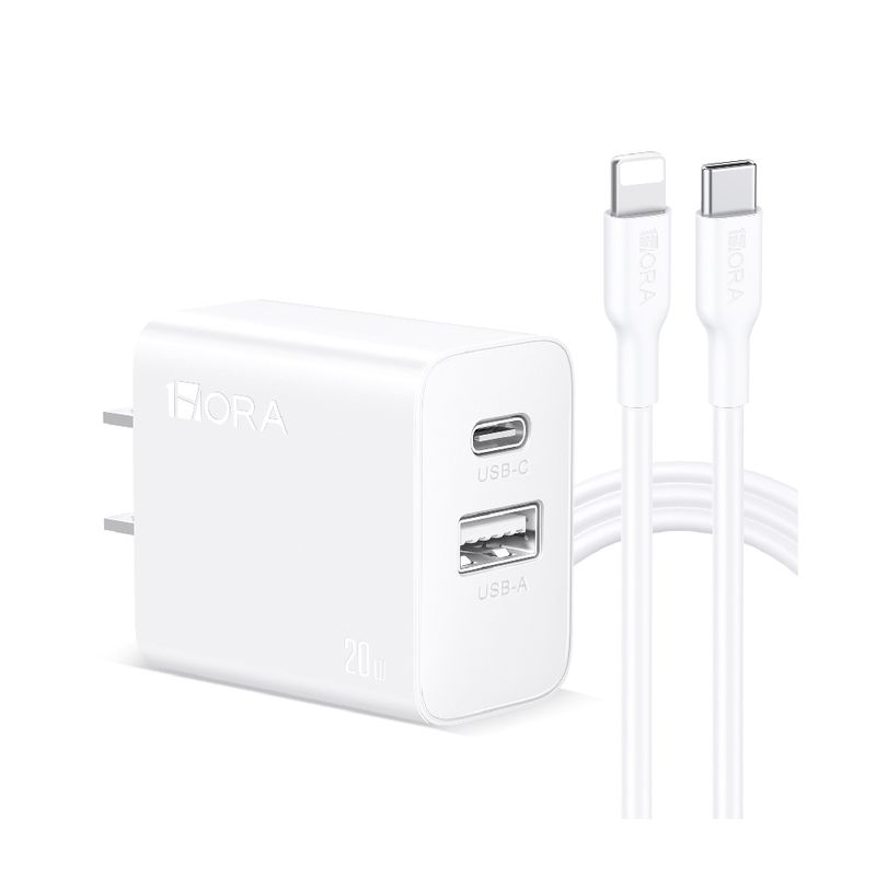 Cargador de pared 1Hora, puerto USB, puerto tipo C, carga rápida 20W, cable tipo C a Lighning, blanco, ángulo frontal oblicuo