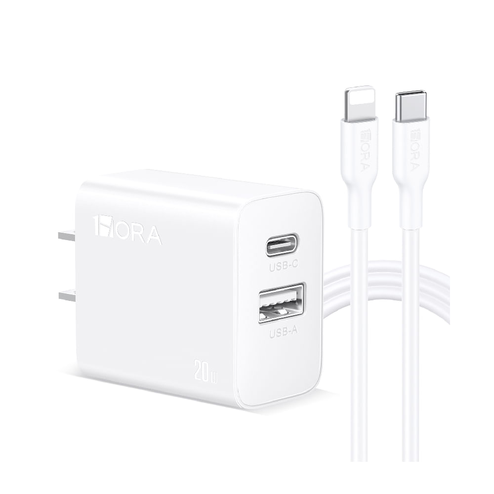 Cargador de pared 1Hora, puerto USB, puerto tipo C, carga rápida 20W, cable tipo C a Lighning, blanco