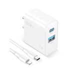 Cargador de pared 1Hora, puerto USB, puerto tipo C, carga rápida 20W, cable tipo C a Lighning, blanco, ángulo frontal oblicuo