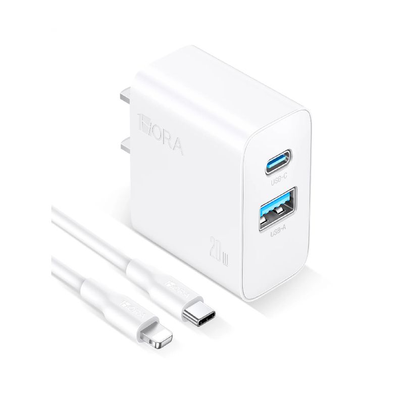 Cargador de pared 1Hora, puerto USB, puerto tipo C, carga rápida 20W, cable tipo C a Lighning, blanco, ángulo frontal oblicuo