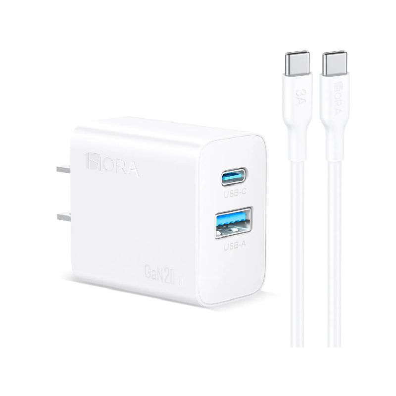 Cargador 1Hora 20W USB-C + USB con cable tipo C blanco frontal