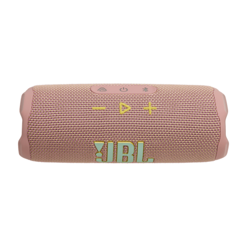 Parlante JBL Flip 7 con tecnología AI Sound Boost color rosado vista diagonal