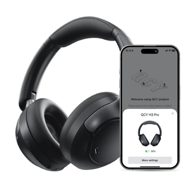 Audífonos bluetooth over ear QCY H3 Pro con cancelación de ruido ANC batería 55 horas color negro vista con conexión de aplicación para smartphone