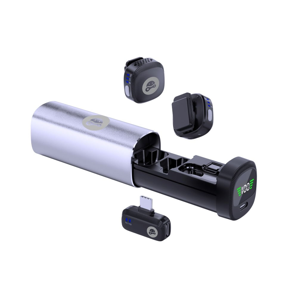 Micrófono inalámbrico Lavalier Hippo M42, 2 micrófonos, micrófono con estuche, conexión USB tipo-C, negro