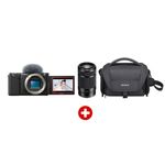 Kit cámara Sony ZV-E10 con lente teleobjetivo SEL55210 y accesorios color negro vista diagonal