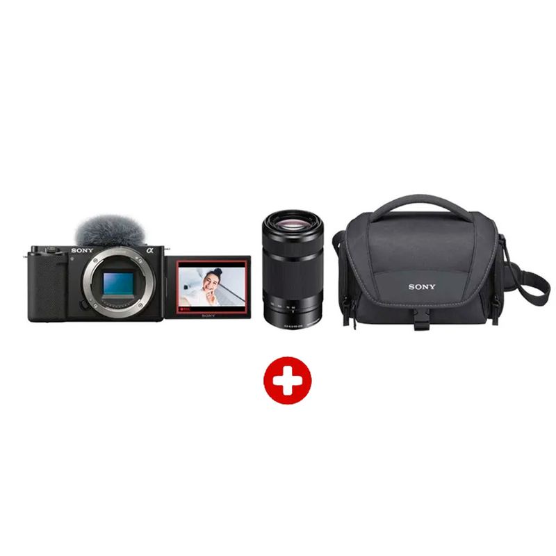 Kit cámara Sony ZV-E10 con lente teleobjetivo SEL55210 y accesorios color negro vista diagonal