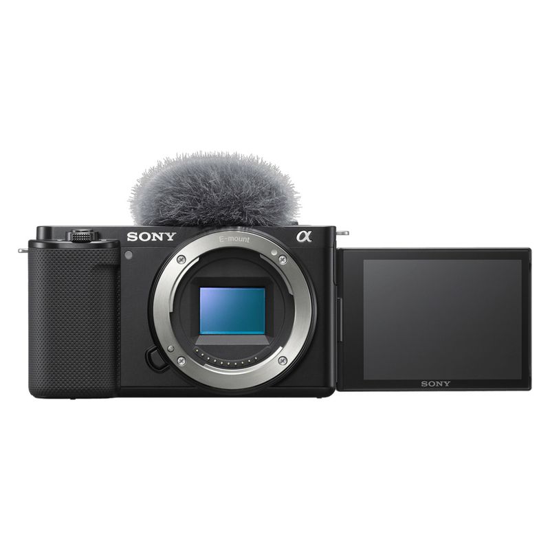Cámara Sony ZV-E10 con lente teleobjetivo SEL55210 color negro vista diagonal
