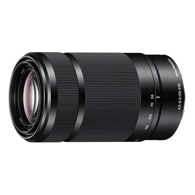 Lente Sony SEL55210 zoom largo para fotografía color negro vista lateral