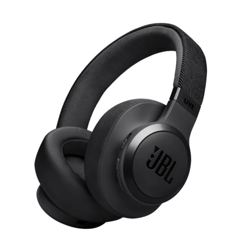 Audífonos bluetooth over ear JBL Live 770NC con cancelación de ruido batería 65 horas negro vista frontal oblicua