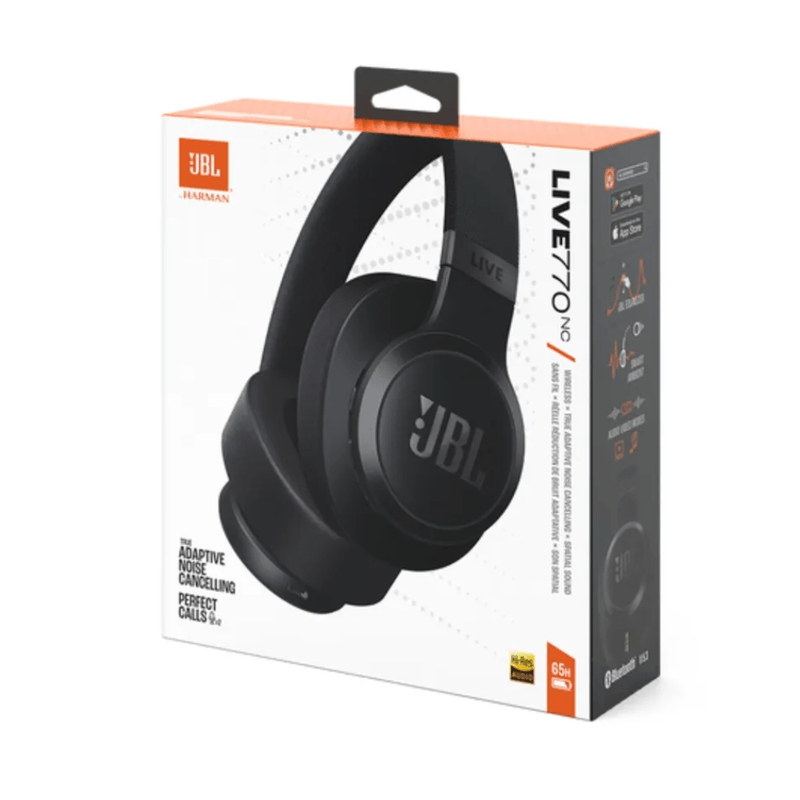 Audífonos bluetooth over ear JBL Live 770NC con cancelación de ruido batería 65 horas negro vista de empaque
