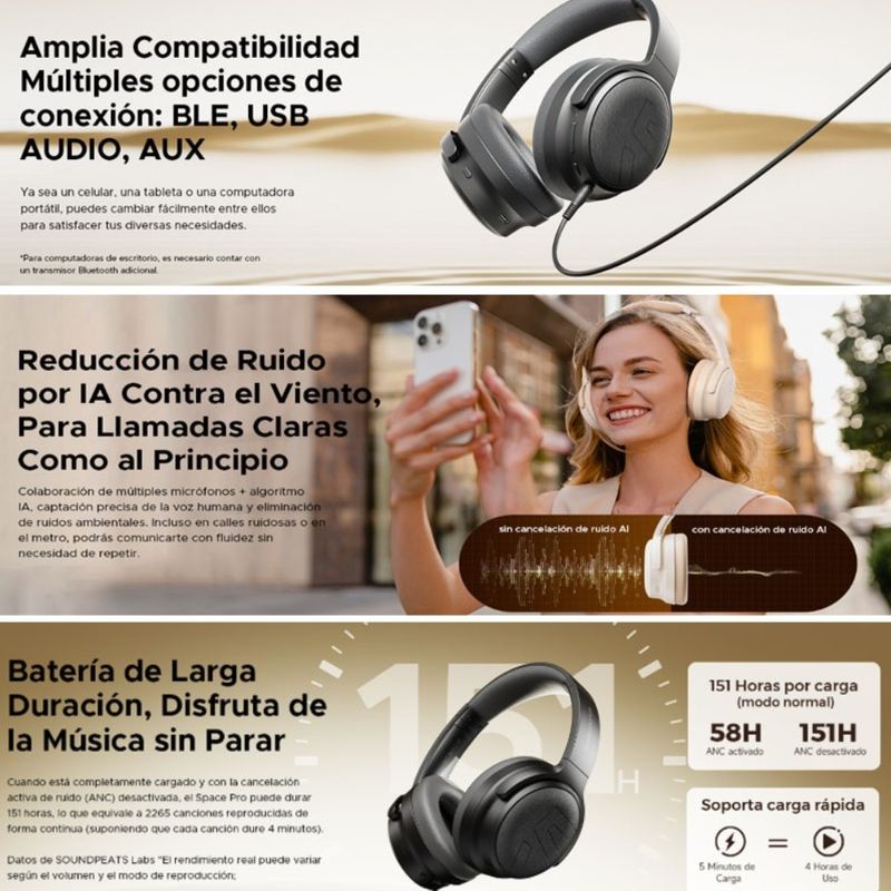 Audífonos SoundPEATS Space Pro ANC LDAC Hi-Res 151h negro  frontal detalle