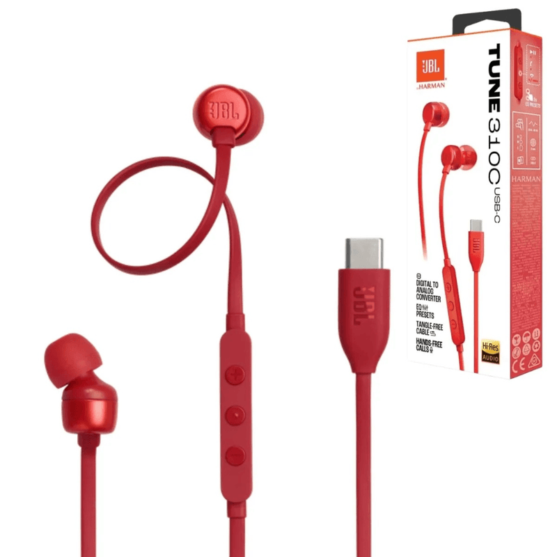 Audífonos JBL Tune 310C USB-C Hi-Res Pure Bass In-Ear accesorios frontal