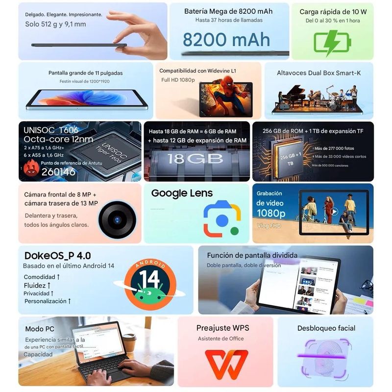 Tablet Blackview Tab 9 WiFi 11" FHD batería 8200mAh 256GB gris especificaciones