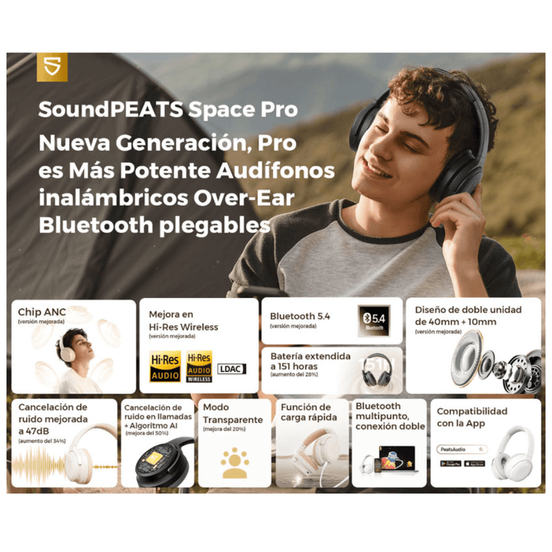 Audífonos SoundPEATS Space Pro ANC LDAC Hi-Res 151h Beige frontal beneficios