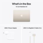 Laptop Apple MacBook Air M5 diseño delgado sin ventilador color starlight vista contenido caja